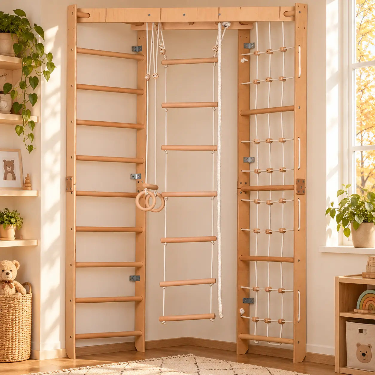 Structure d’escalade d’angle en bois – Échelle d’escalade, filet, échelle suspendue – Appareil de fitness compact pour toute la famille (SPR Corner Lack)