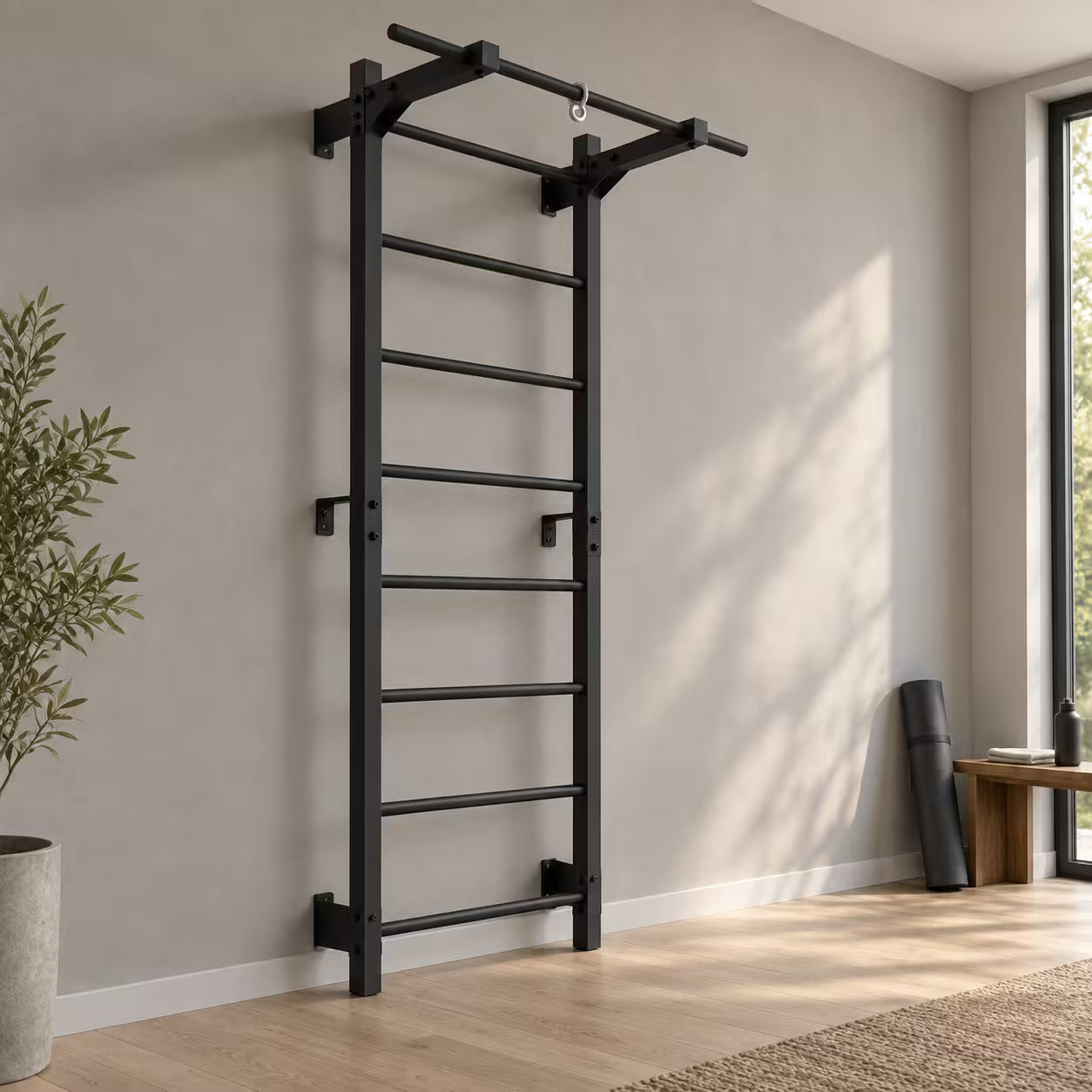 Metalen wandrek RINAGYM Steel M 213 cm met optrekstang, zwart